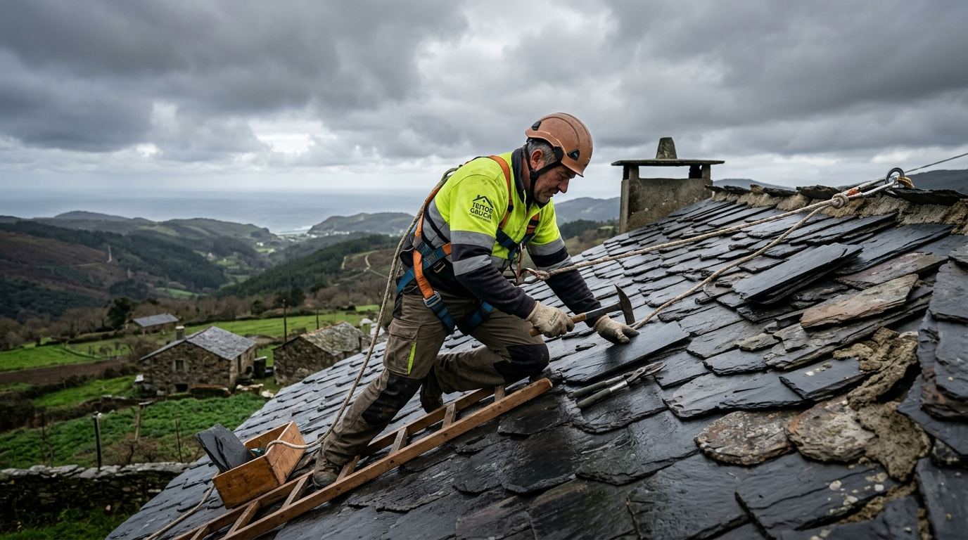 Profesionales realizando reparación de tejados en A Coruña